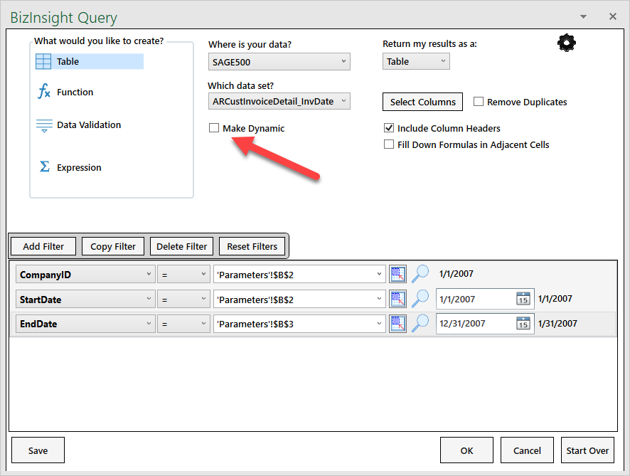 BizNet - Table parameters that were cell references are hard coded