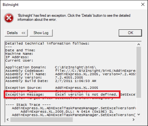 BizNet - Excel version is not defined. SetExcelVersionFromRegistry