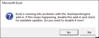 BizNet - Excel is running into problems with the 'biz....' add-in. Do ...