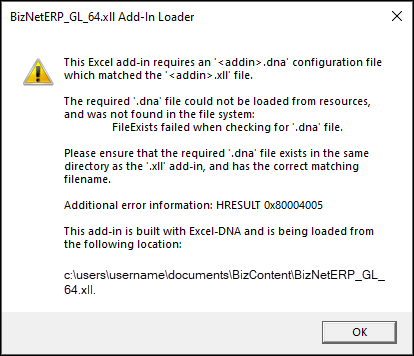 BizNet - BizInsight add-in errors when starting Excel
