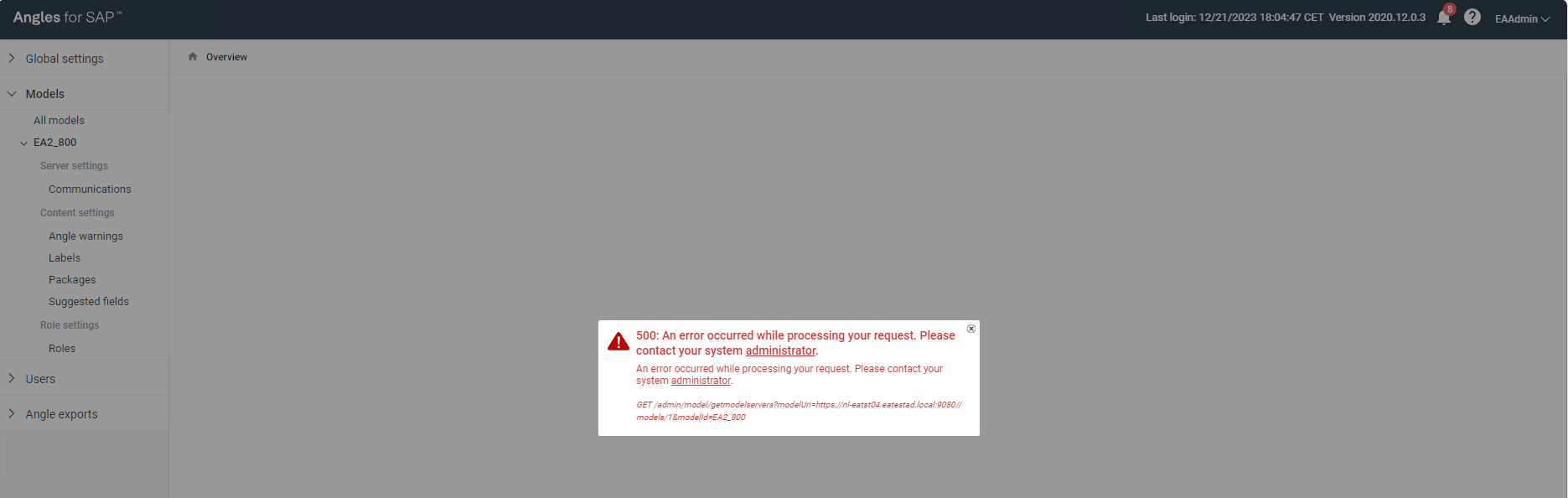 Angles - Error: No active Model Server for model