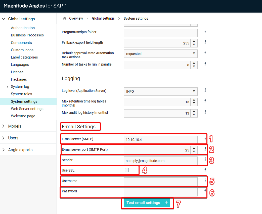 Angles - How to change the SMTP settings